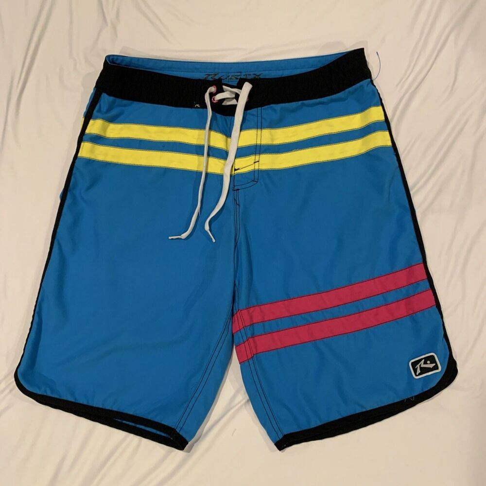 VINTAGE Rusty Swim Trunks Men 32 Board Surf Shorts Lace Up Striped Blue